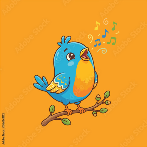 Blue Bird Singing on Branch.