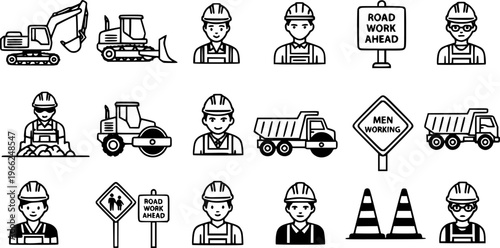 Road construction icons with machinery, workers, and safety signs
