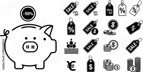 Black friday sale icons: discounts, price tags, percentages, piggy bank, savings
