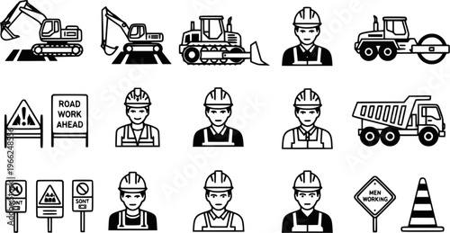 Road construction icons with machinery, workers, and safety signs
