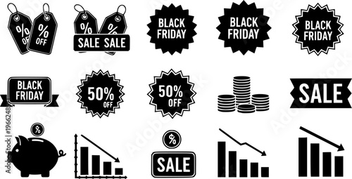 Black friday sale icons: discounts, price tags, percentages, piggy bank, savings
