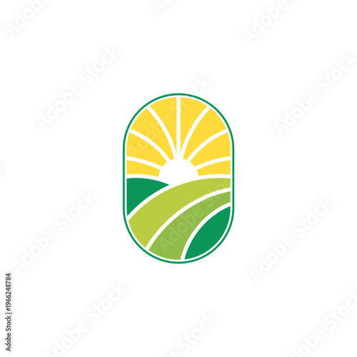 modern agriculture, field and sun combination logo design vector with flat in green and yellow color