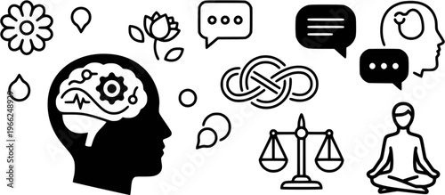 Therapist symbols: mind, communication, and wellness icons for mental health
