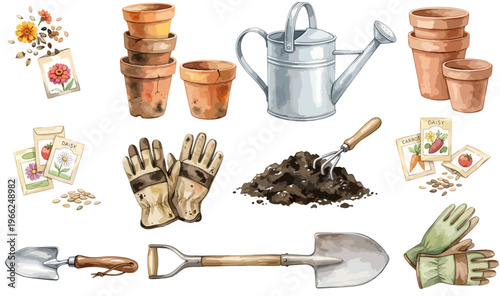Clipart collection of vector gardening elements: terracotta pots, metal watering can, seeds, gloves, soil and hand tools, in watercolor style, isolated, no background.