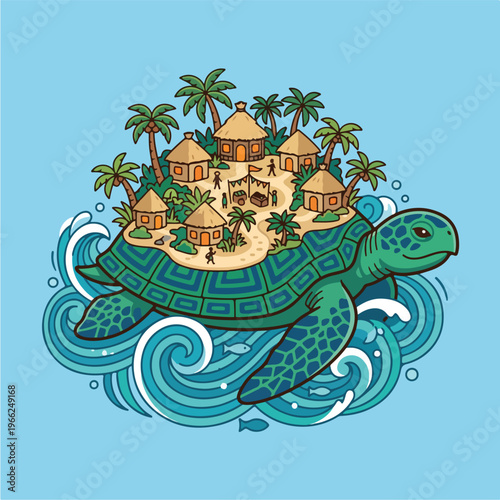 Turtle swimming with island.