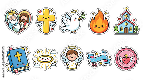 Collection of cute, kawaii-style religious icons including God, Jesus, a cross, dove, holy spirit, church, Bible, angel, and heart symbols.