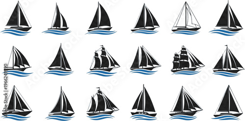 Sea sailing boat in the blue ocean. Marine ship with sail in sea waves icon collection. Sailboats design company logotype. Vector illustration.
