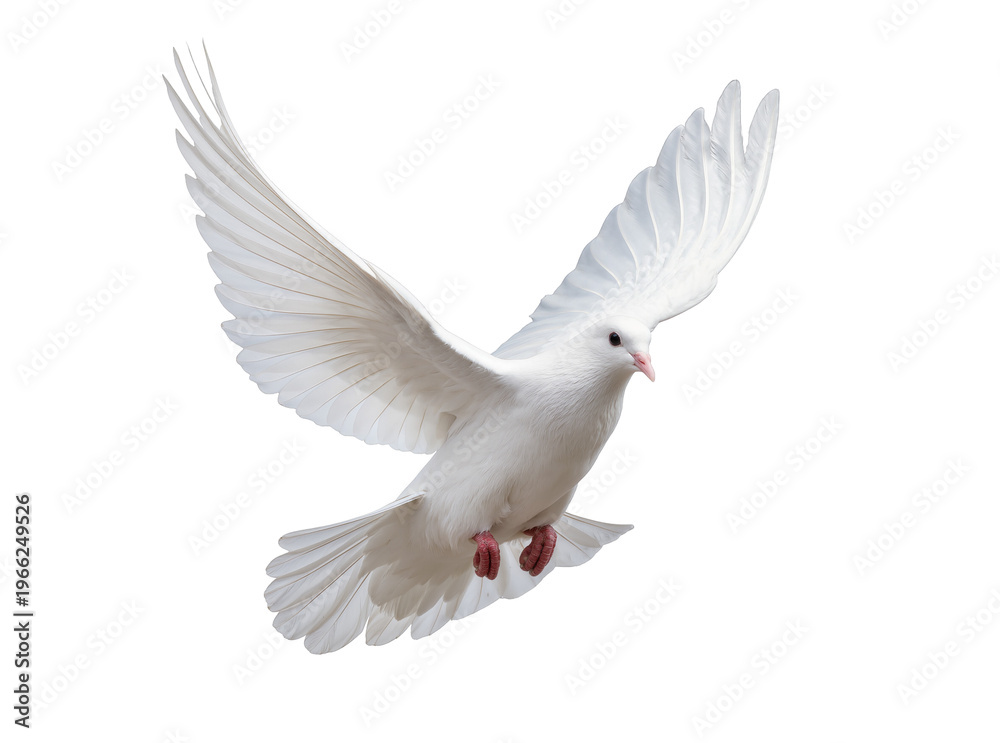 Obraz premium Isolated white dove in graceful flight, wings spread, symbolizing peace and freedom