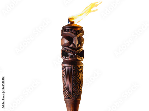 Canvastavla Isolated traditional carved wooden tiki torch with bright burning flame, exotic