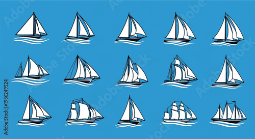 Sea sailing boat in the blue ocean. Marine ship with sail in sea waves icon collection. Sailboats design company logotype. Vector illustration.
