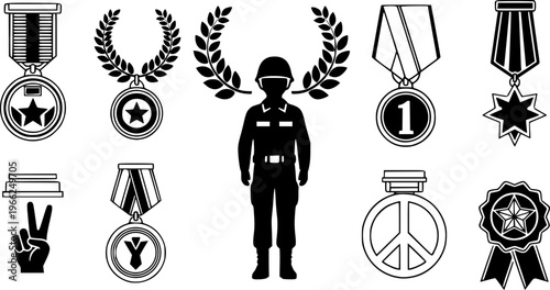 Military icon set: medals, laurel wreath, soldier, peace sign, star award
