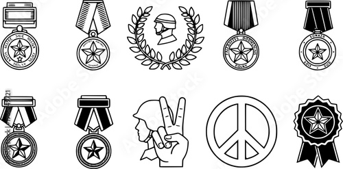 Military icon set: medals, laurel wreath, soldier, peace sign, star award
