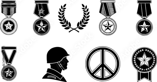 Military icon set: medals, laurel wreath, soldier, peace sign, star award
