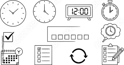 Minimalist icons for planning and scheduling with clocks and checklists
