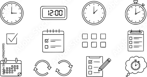 Minimalist icons for planning and scheduling with clocks and checklists
