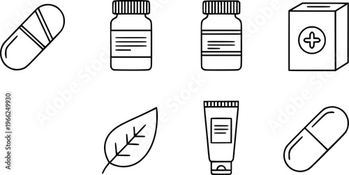 Minimalist icons of medicine: pills, bottle, box, tube, leaf, capsule
