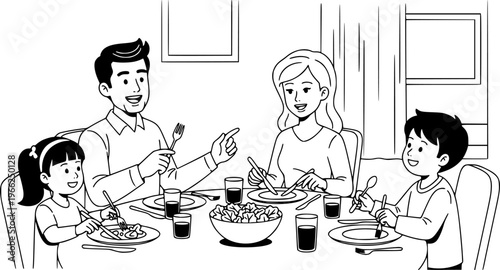 Happy family dinner with parents and children enjoying a meal together
