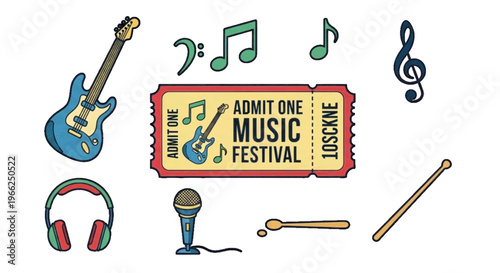 Vector illustration of music festival elements collection with guitar, ticket, and instruments on transparence background