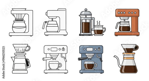 Vector illustration of set of various coffee makers and brewing equipment icons on transparence background