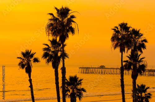 San Clemente Pier at sunset with palm tree silhouettes and golden sky along Southern California coast
