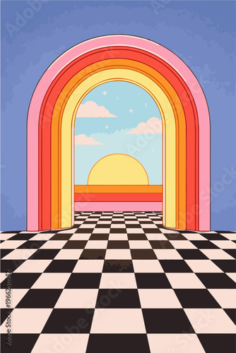 Vibrant Retro Rainbow Archway Illuminating a Surreal Dreamscape with a Checkerboard Path Leading to an Optimistic Sunset Horizon, a Whimsical Portal to Imagination