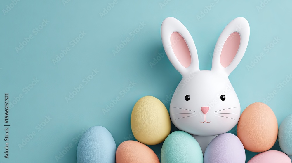 Obraz premium A white Easter bunny surrounded by colorful eggs on a blue background