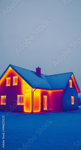 Thermal image revealing significant heat loss from a residential structure on a frosty winter day, highlighting poor insulation and energy inefficiency, leak, winter, environment