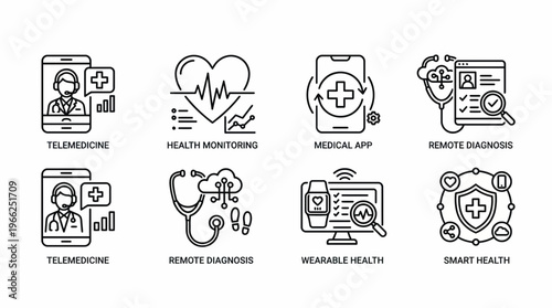 Telemedicine and Health Monitoring Icons Set Vector Illustration