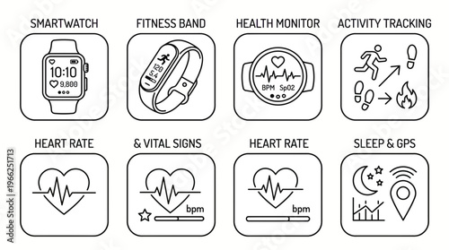 Set of icons representing health and fitness monitoring technology