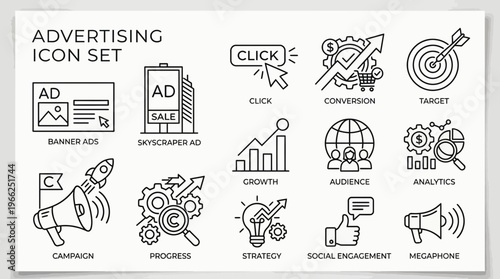 Comprehensive Line Art Icon Set for Digital Advertising, Marketing Strategy, and Analytics Concepts