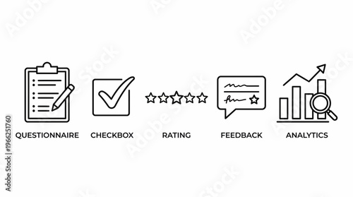 Business survey icons for questionnaire, checkbox, rating, feedback, and analytics