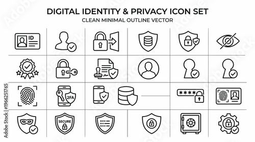 Digital Identity and Privacy Security Icon Set - Clean Minimal Outline Vector