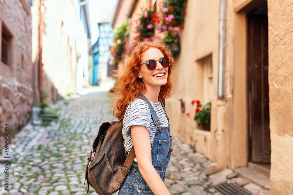 Fototapeta premium Young woman with red hair walking down a cobblestone street