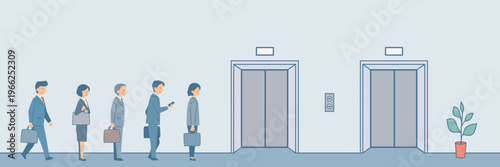 エレベーター待ちの行列のバナー背景イラスト