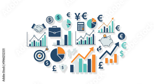 A vibrant collection of financial and business-related icons and graphics, illustrating concepts like investment, growth, and global currency.