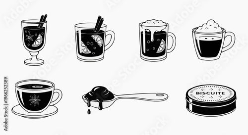 Diverse collection of various beverage, including a hot drink in a glass and a cup, along with other items, like a spoon filled with liquid and a biscuit