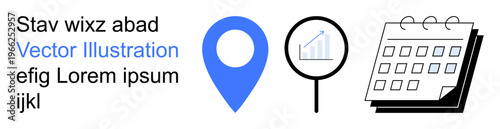 Business strategy, time management, location tracking, data analysis, marketing, project planning. Blue location marker, magnifying glass with chart calendar. Business strategy and time management