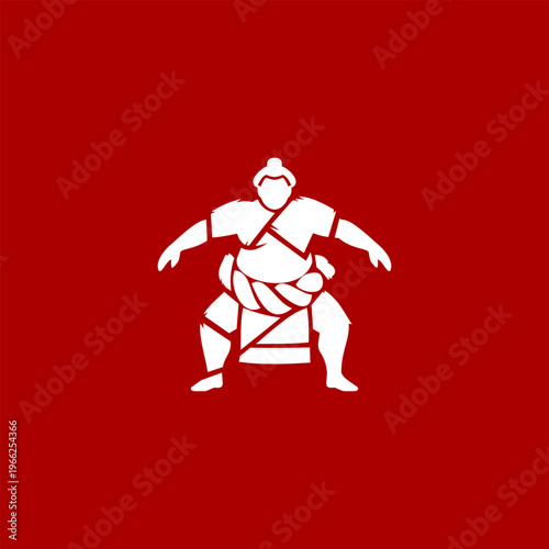 Stylized sumo wrestler silhouette in traditional stance on red background, bold vector illustration