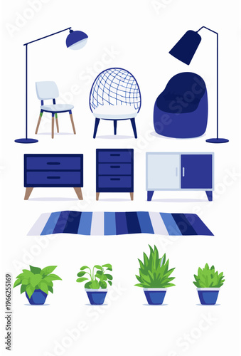 Modern interior furniture set in navy blue, minimalist home decor vector icons, contemporary living room furniture collection with floor lamps and potted plants for interior design projects