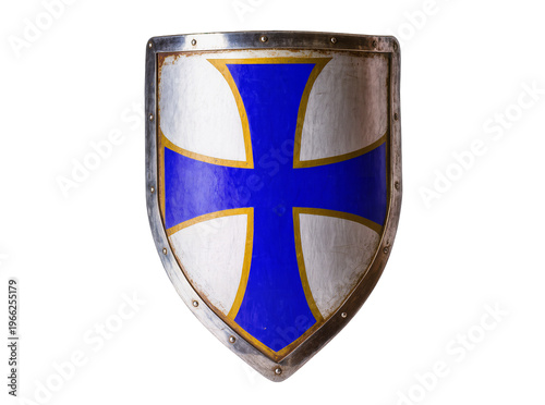 Принти на полотні Isolated medieval knight's shield with blue cross and golden details, historical