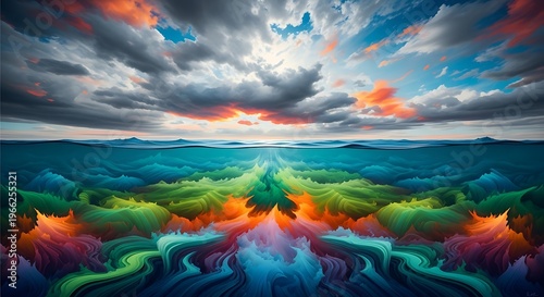 Surreal Dreamscape of Colorful Ocean Waves and Dramatic Sky.