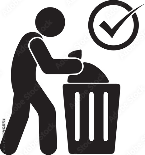 Person putting trash in bin with checkmark icon