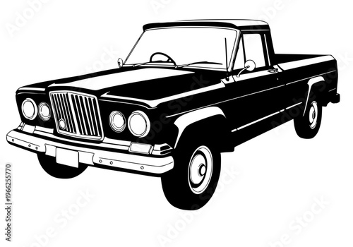 Retro Classic Pickup Truck Silhouette Line Art Illustration