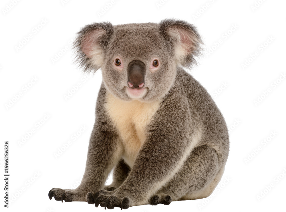 Fototapeta premium Isolated koala sitting patiently and looking directly at the viewer, cute Australian marsupial