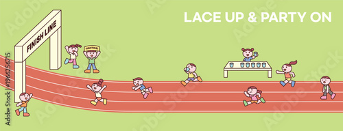 Cute character with a round face are running along the marathon track toward the finish line. featuring a design and geometric shape.