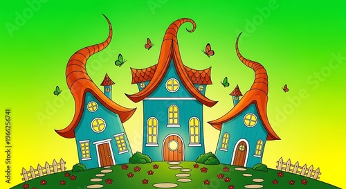 Whimsical Fantasy Houses on a Hill with Butterflies Dreamlike Architecture.