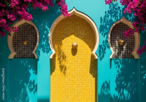 An ornate Moroccan fountain, with a bright turquoise facade and vibrant pink bougainvillea, provides a glimpse into the enchanting architecture and vibrant culture of Marrakech, Morocco