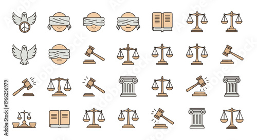 Justice System Icons Set Legal Symbols Scales of Justice Law Enforcement Court Hammer Blindfolded Lady Liberty Illustration