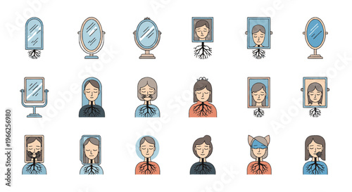 Mirror Reflections and Root Growth Transformation Illustration Series Exploring Identity Change and Personal Evolution Visual Art