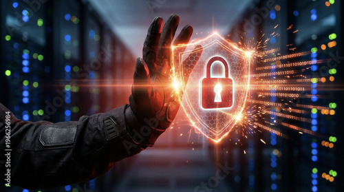 Digital privacy concept, encryption, cyber defense, firewall, attack prevention.